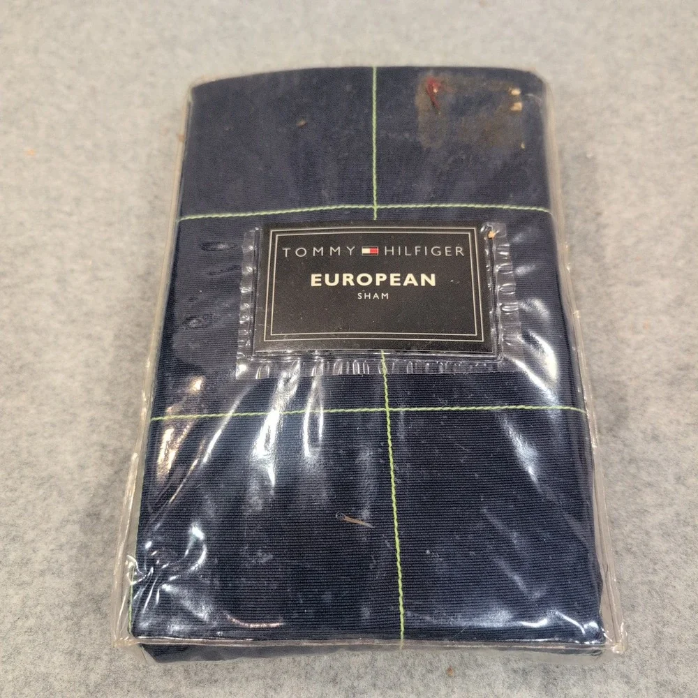 Tommy‎ Hilfiger Grand Cay European Sham Navy Blue Lime Green Windowpane NOS